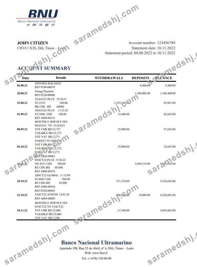 Timor - Leste BNU bank statement xls